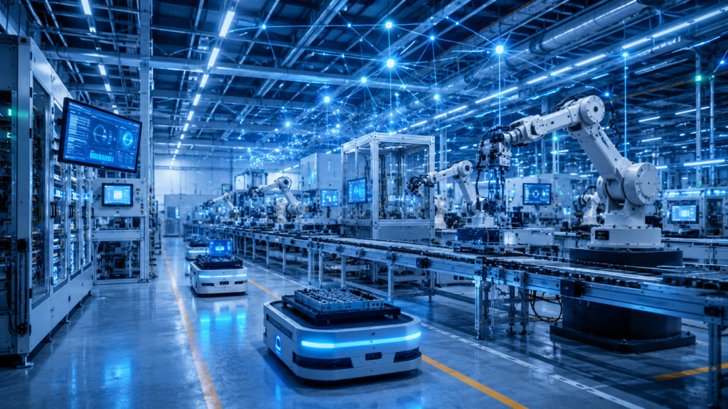 Smart Factory Solutions with synchronized network control, PLC automation, robotics, AGV robots, and IIoT connectivity in a modern industrial facility