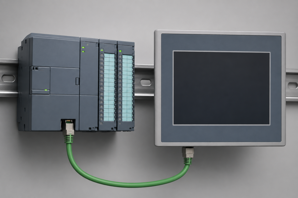 Siemens PLC connected to an HMI touch panel using an Ethernet cable