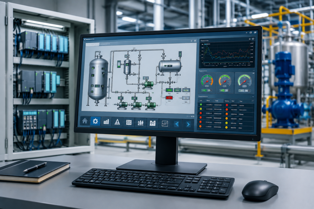 Siemens WinCC SCADA interface monitoring an industrial automation process