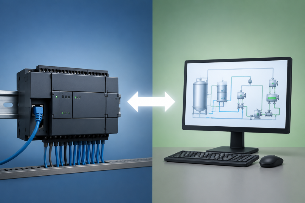 PLC controller communicating with a SCADA monitoring system in industrial automation
