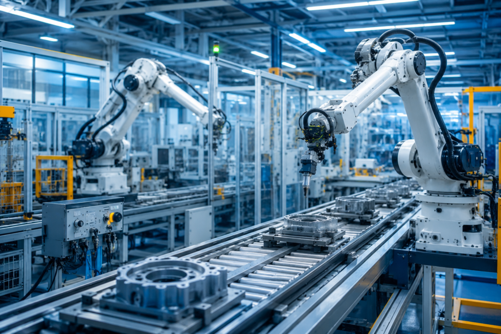 Industrial automation system with robotic arms on an automated manufacturing production line