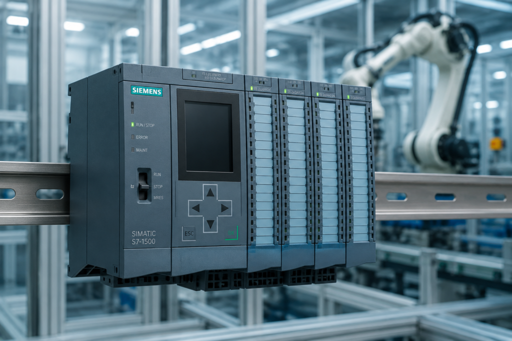 Siemens PLC industrial automation control unit mounted on DIN rail inside modern factory environment