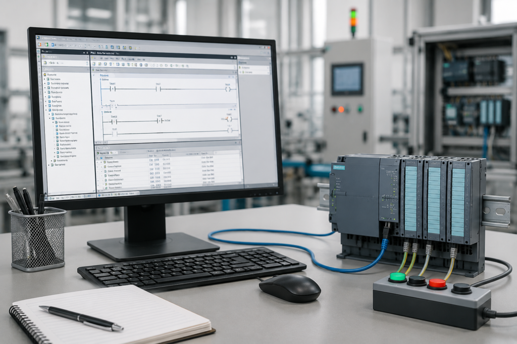 Siemens TIA Portal programming interface showing PLC configuration and automation setup for beginners in industrial control systems