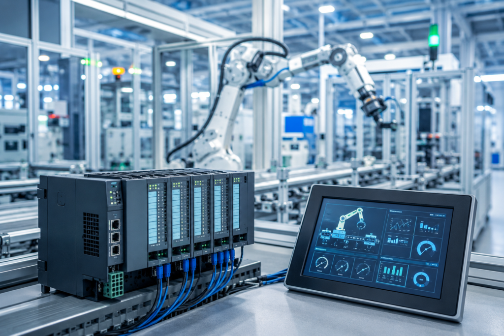 Advanced PLC automation system controlling robotic arms in a smart factory with industrial control panels and touchscreen monitoring