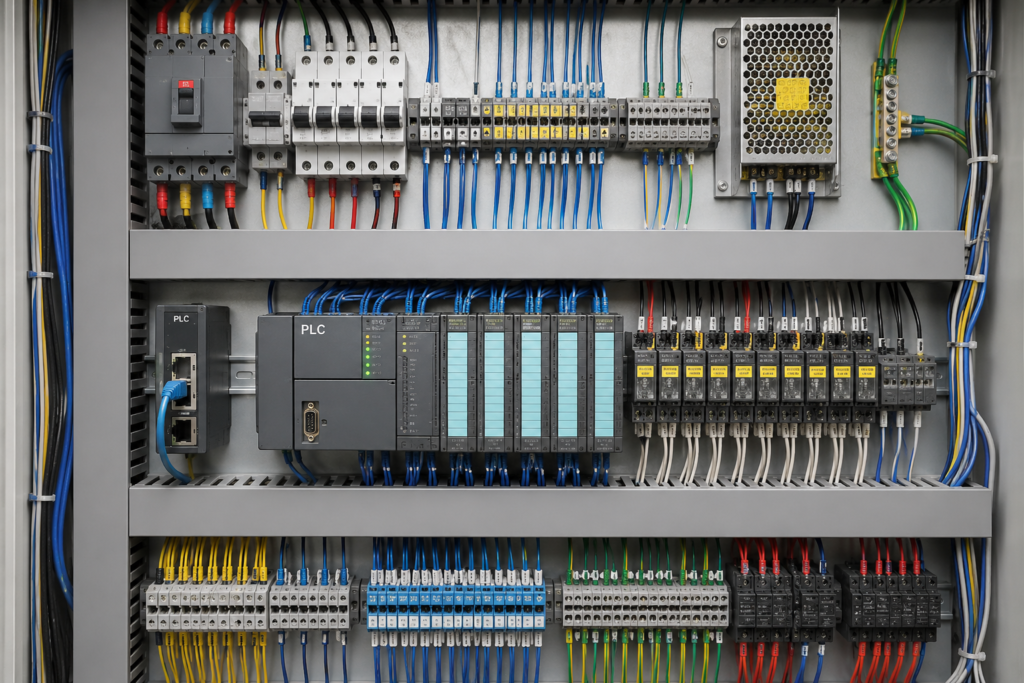 PLC panel wiring showing organized electrical connections inside an industrial control panel for automation systems.