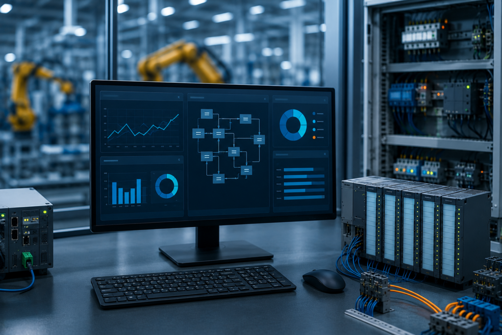 Industrial automation workstation with PLC modules and a generic control system dashboard