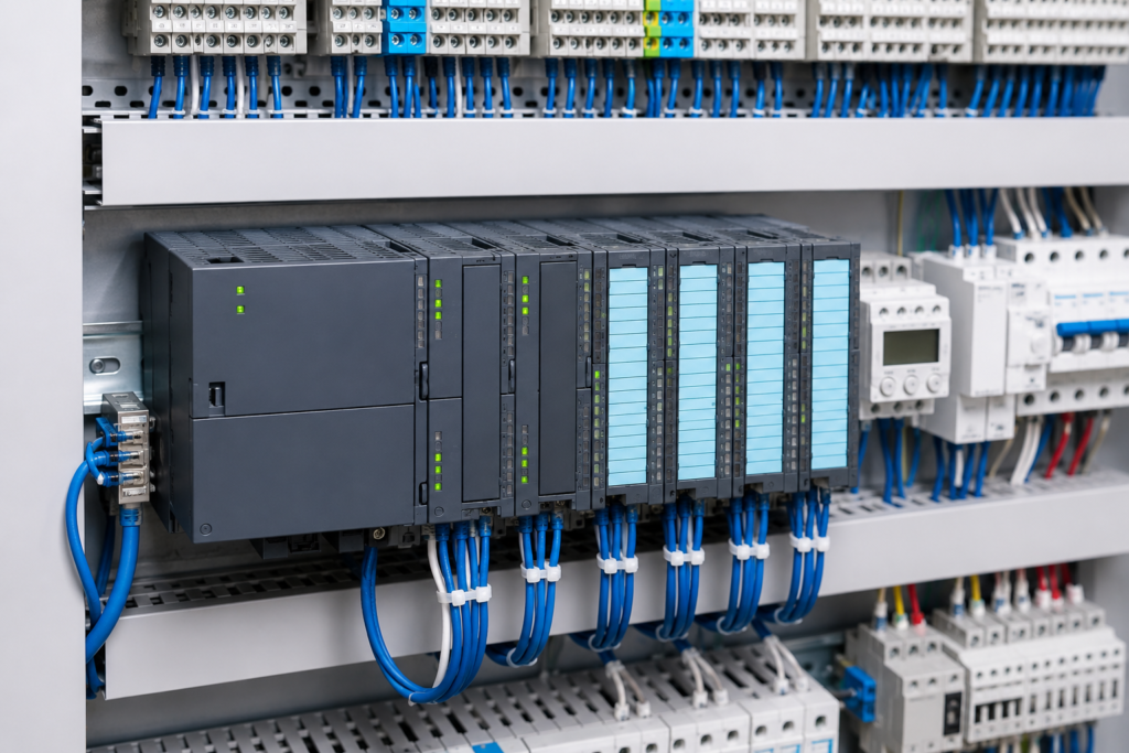PLC Timers Explained with a modern industrial PLC control panel and automation modules
