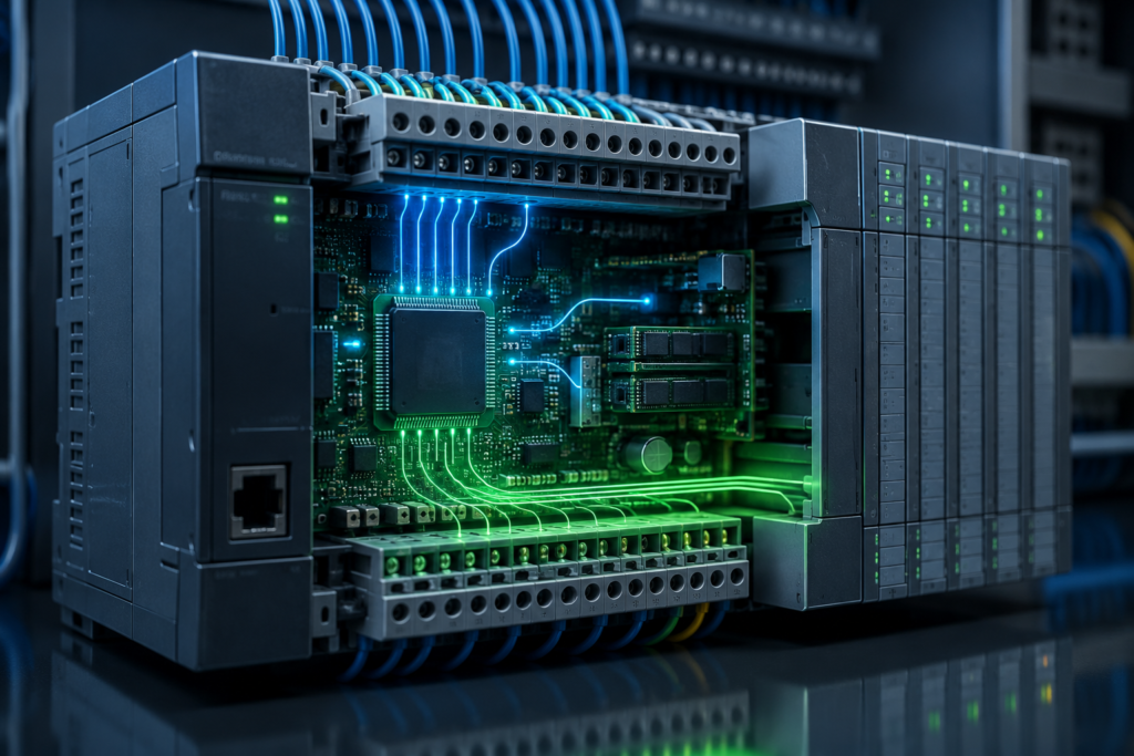 Modern programmable logic controller (PLC) showing the concept of PLC Memory used in industrial automation systems