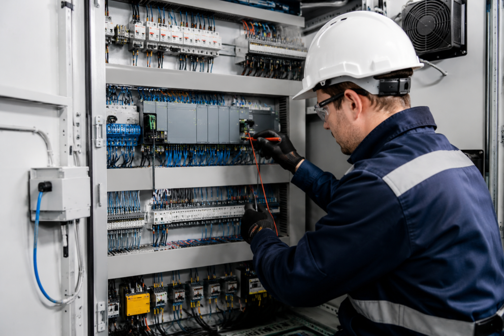 PLC Commissioning Checklist showing an engineer testing an industrial PLC control panel before system startup.