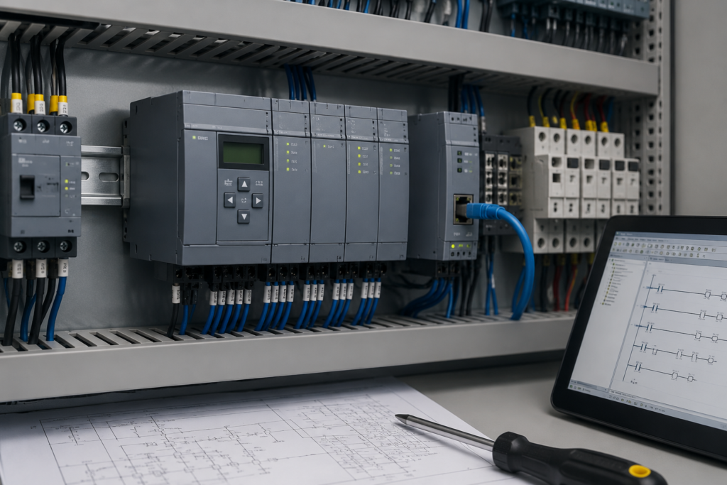 PLC Troubleshooting Guide showing an industrial PLC control panel for diagnosing common PLC problems