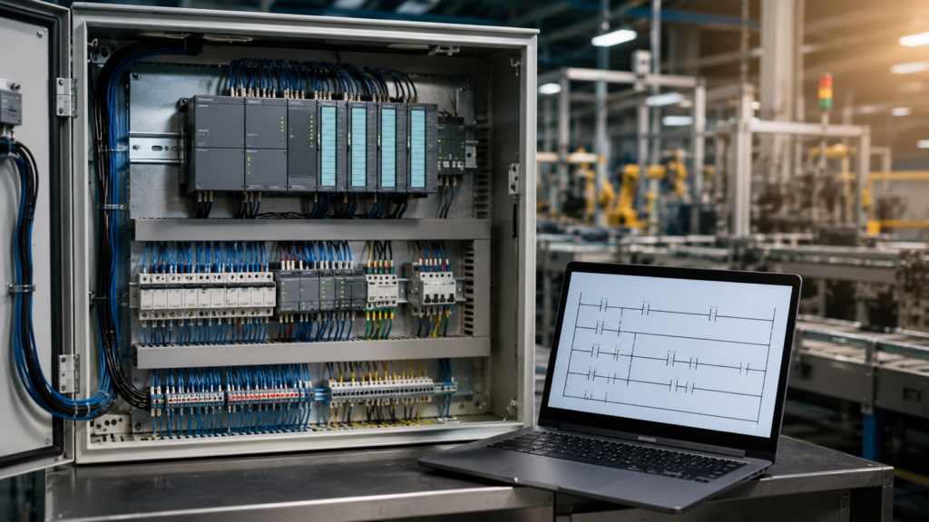 Open PLC control panel with organized wiring showing PLC Programming Mistakes best practices
