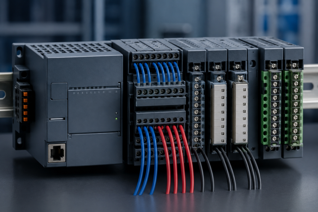 PLC Inputs and Outputs module showing digital input and output wiring used in industrial automation systems.