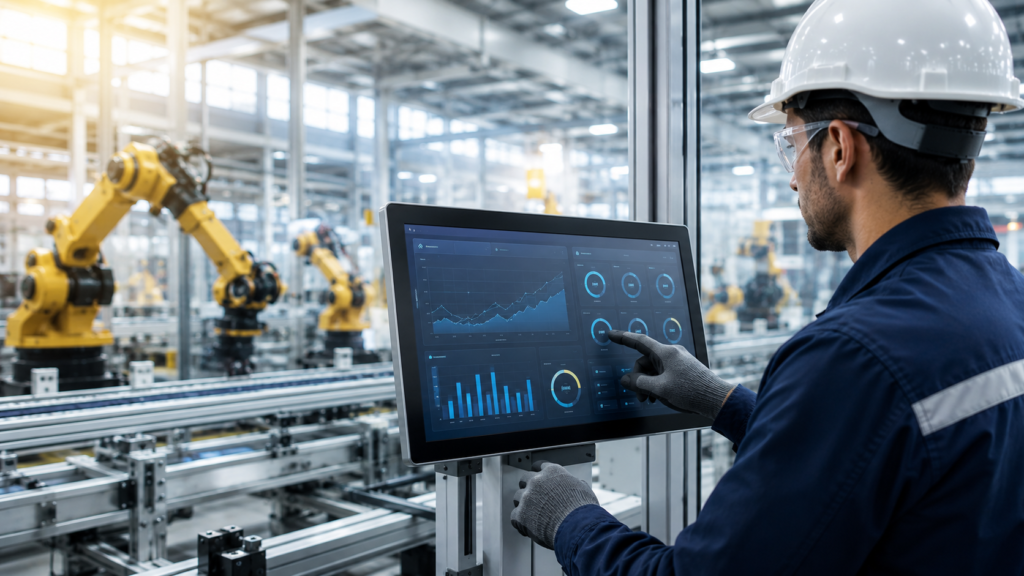 What Is HMI? Engineer Operating an Industrial HMI Touchscreen in a Smart Factory