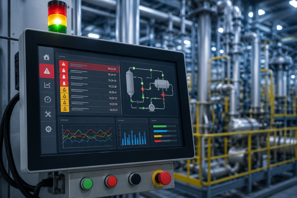 HMI Alarm Management dashboard displaying industrial alarms, trends, and process monitoring on an HMI screen