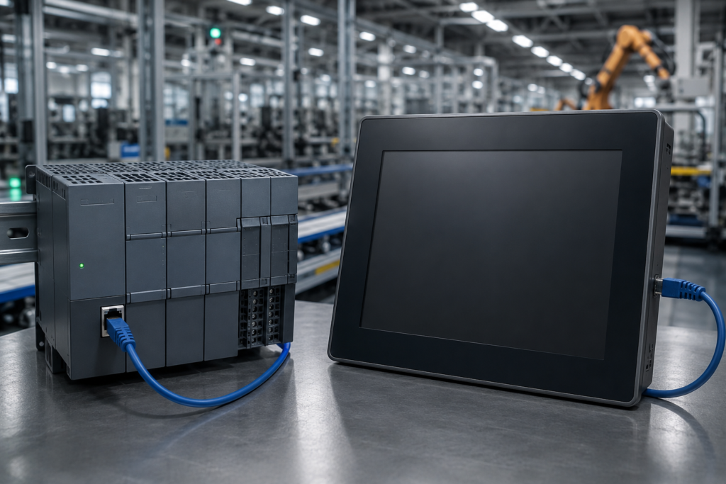 Connect HMI to PLC using an Ethernet cable in a modern industrial automation system