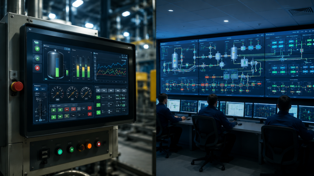 HMI vs SCADA comparison showing an industrial HMI touchscreen and a SCADA control room monitoring a complete factory automation process.