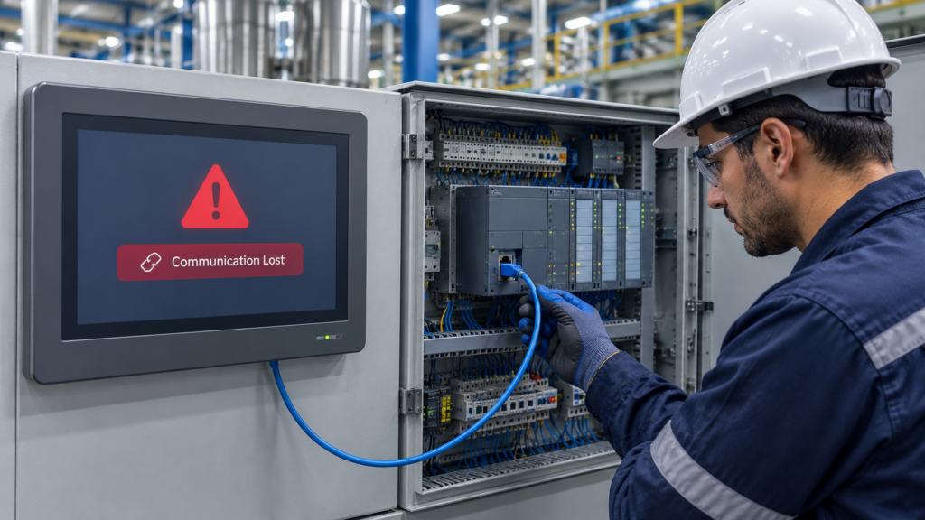 Technician troubleshooting HMI communication problems with an open PLC cabinet and Ethernet connection in an industrial automation system.