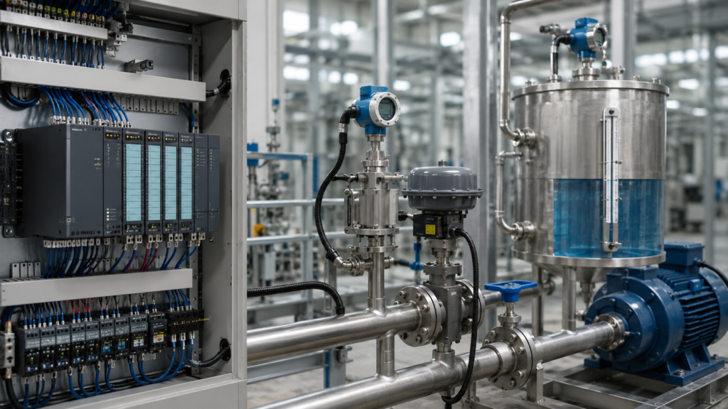 PID Control in PLC with industrial automation control panel, sensors, valves, pump, and process tank