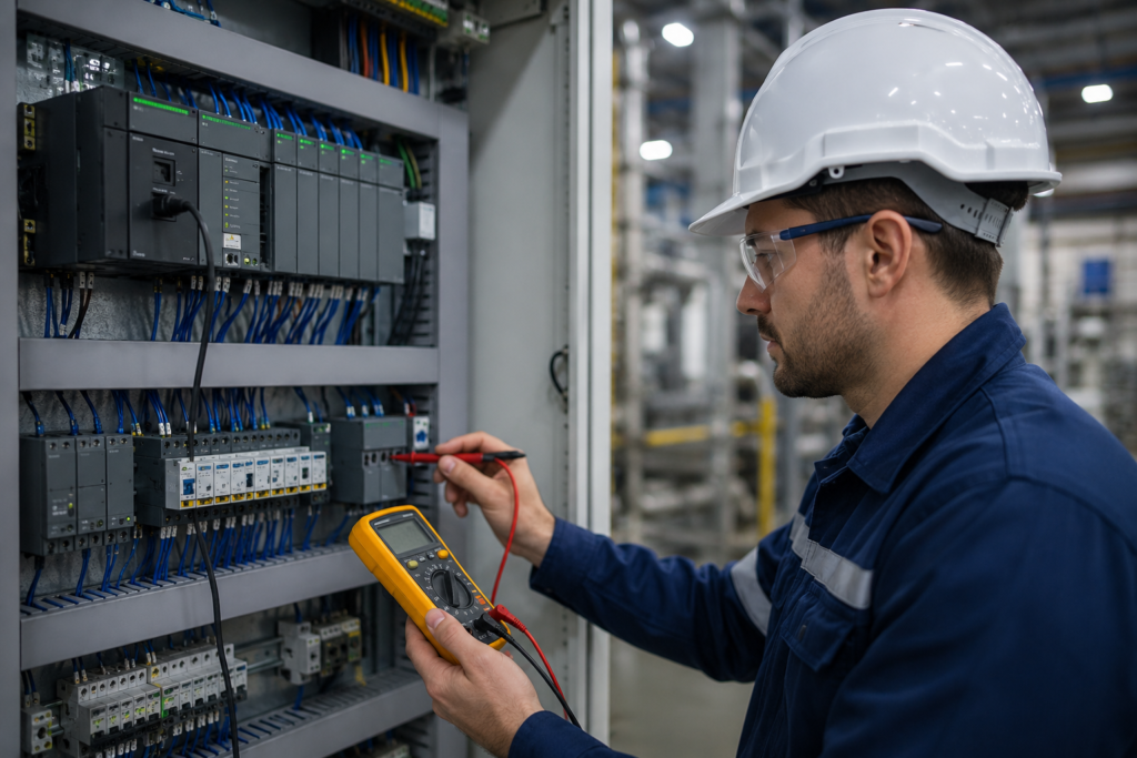 Engineer performing a PLC Commissioning Checklist by testing an industrial PLC control panel before system startup.
