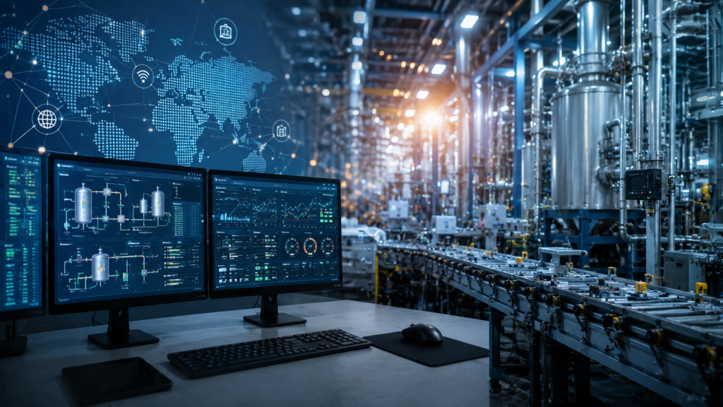 HMI vs SCADA industrial automation system showing a modern control room with real-time process monitoring and smart factory production.