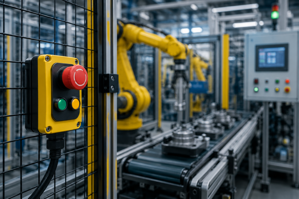 PLC Safety Systems protecting industrial robots with emergency stop button, safety fence, and automated production line