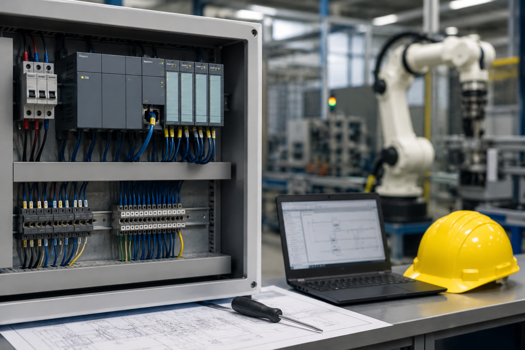Industrial PLC control panel used for PLC troubleshooting, maintenance, and fault diagnosis in an automation system.