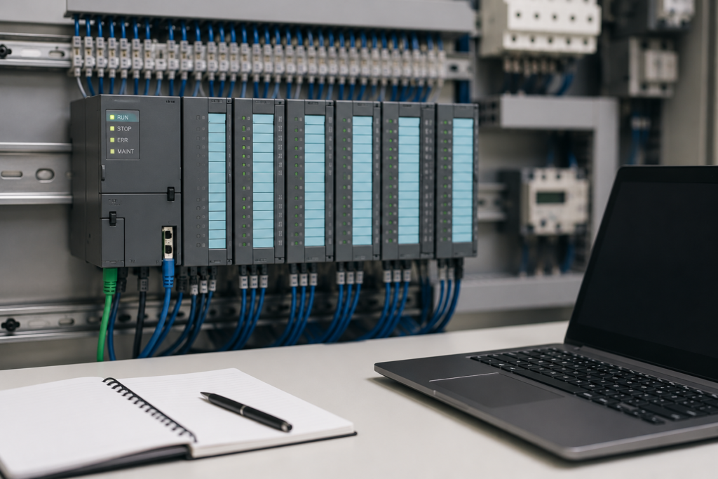 PLC control panel with organized wiring for PLC Programming Mistakes guide