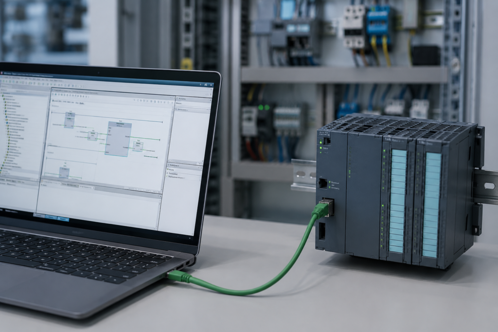 Engineer troubleshooting a PLC connection in Siemens TIA Portal