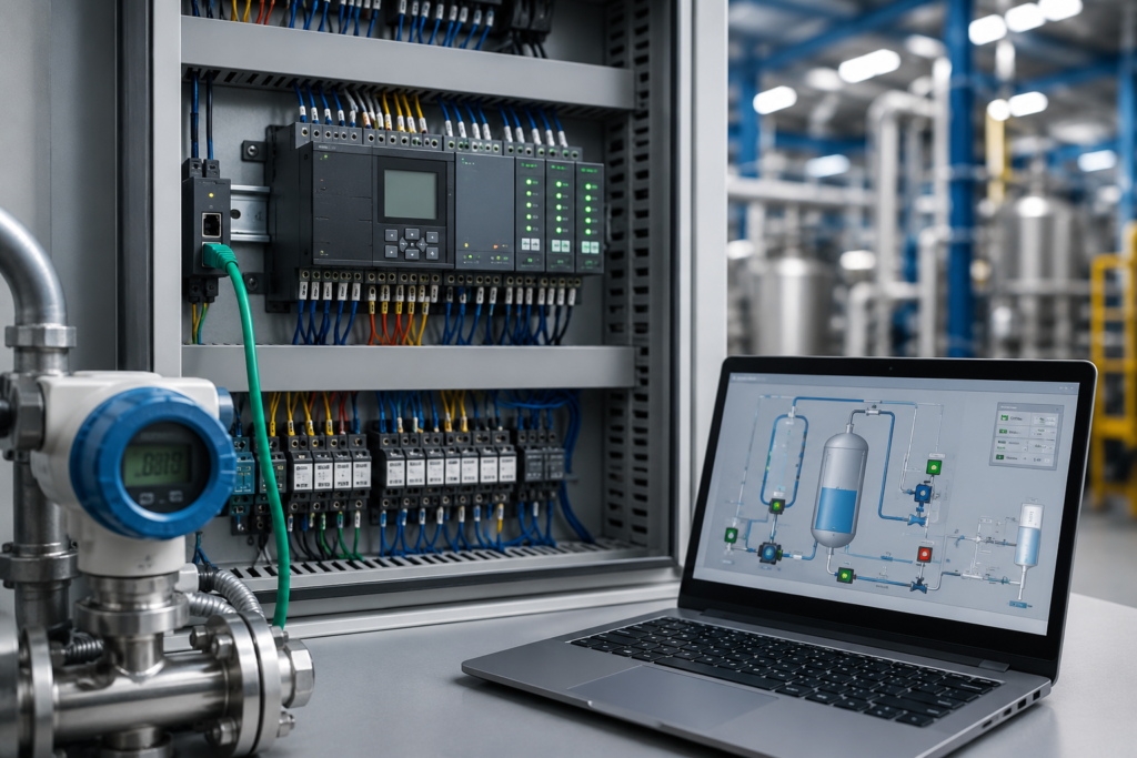 PID Control in PLC industrial automation system with modern control panel and process equipment