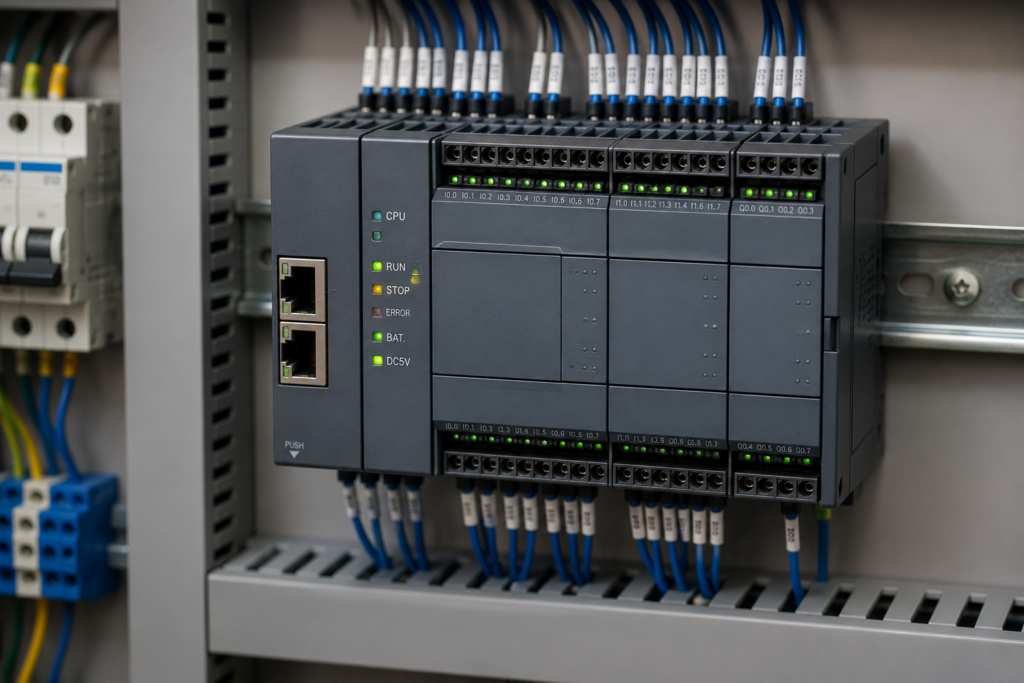 PLC CPU installed inside an industrial control panel with input and output modules