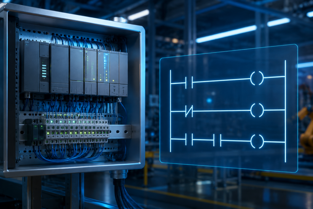 PLC Ladder Logic Basics diagram showing an industrial automation control panel and ladder logic concept.