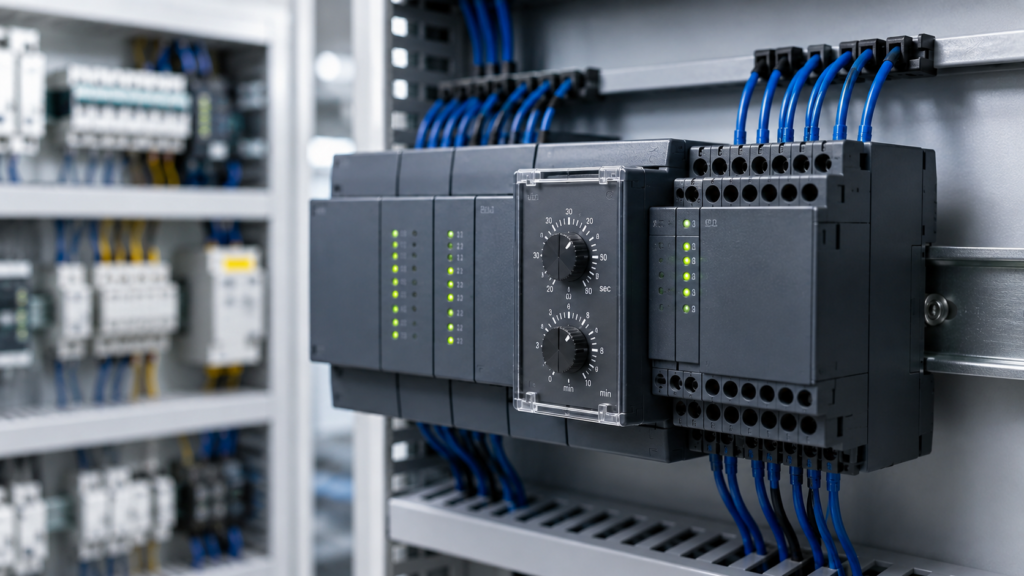PLC Timers Explained showing a PLC timer module installed inside an industrial control panel