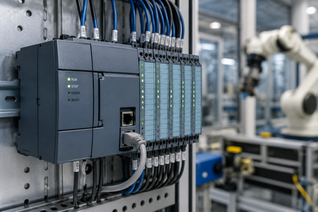How Does a PLC Work? Industrial PLC control panel with CPU and I/O modules