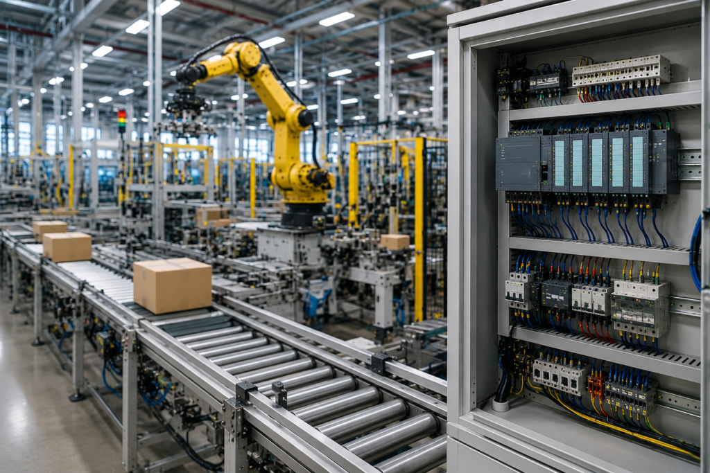 PLC Applications in an automated factory with conveyor system and robotic arm