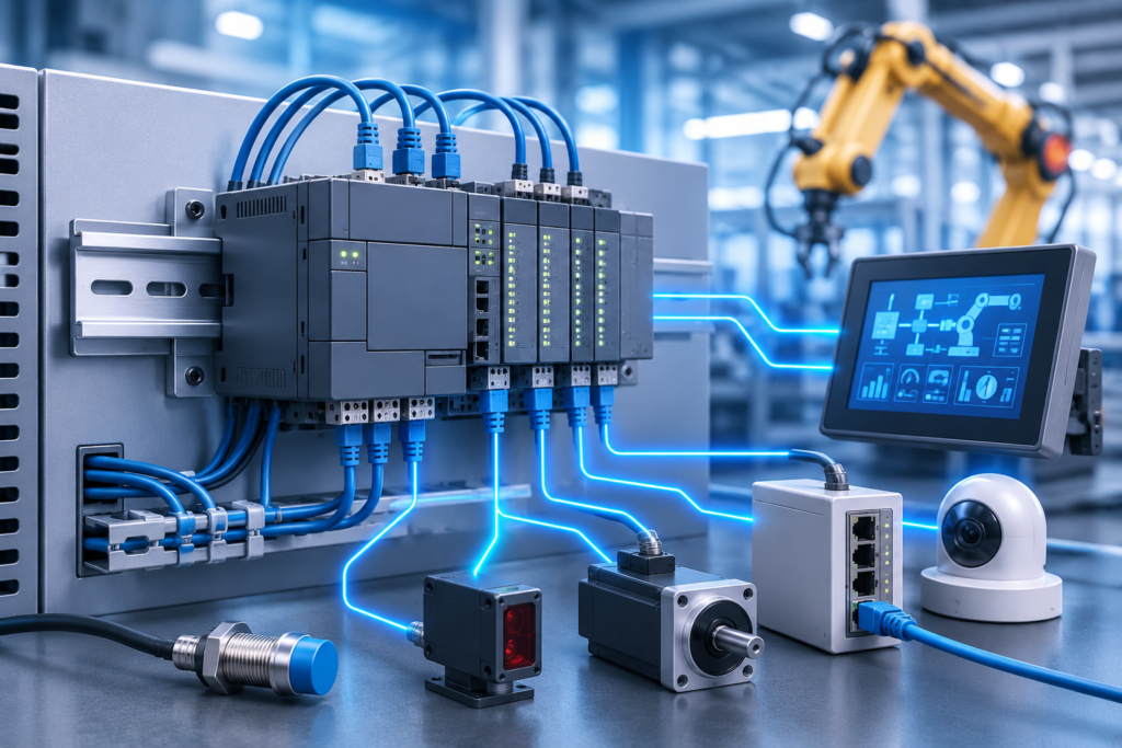 PLC Communication Protocols connecting industrial devices, HMI, sensors, and Ethernet network