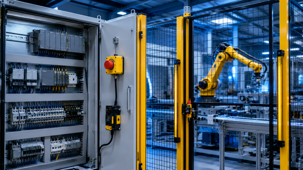 PLC Safety Systems with industrial robot, safety light curtains, emergency stop button, and protected automation cell in a modern factory