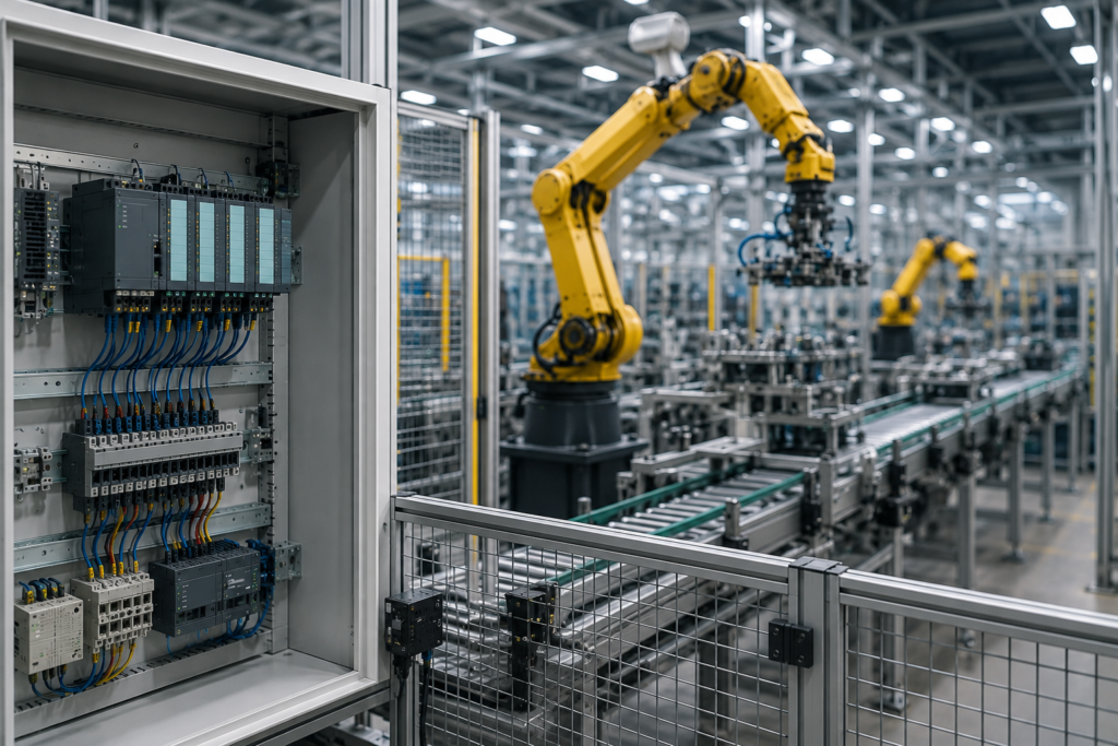 PLC Applications in industrial automation with PLC control panel and robotic production line