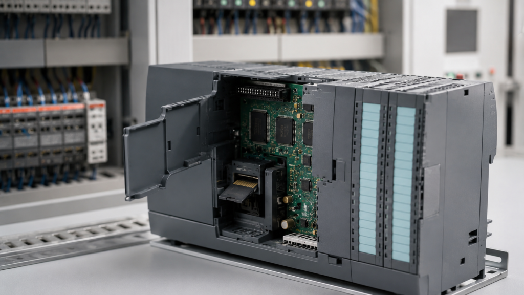 Industrial programmable logic controller with visible PLC Memory hardware used for industrial automation and machine control