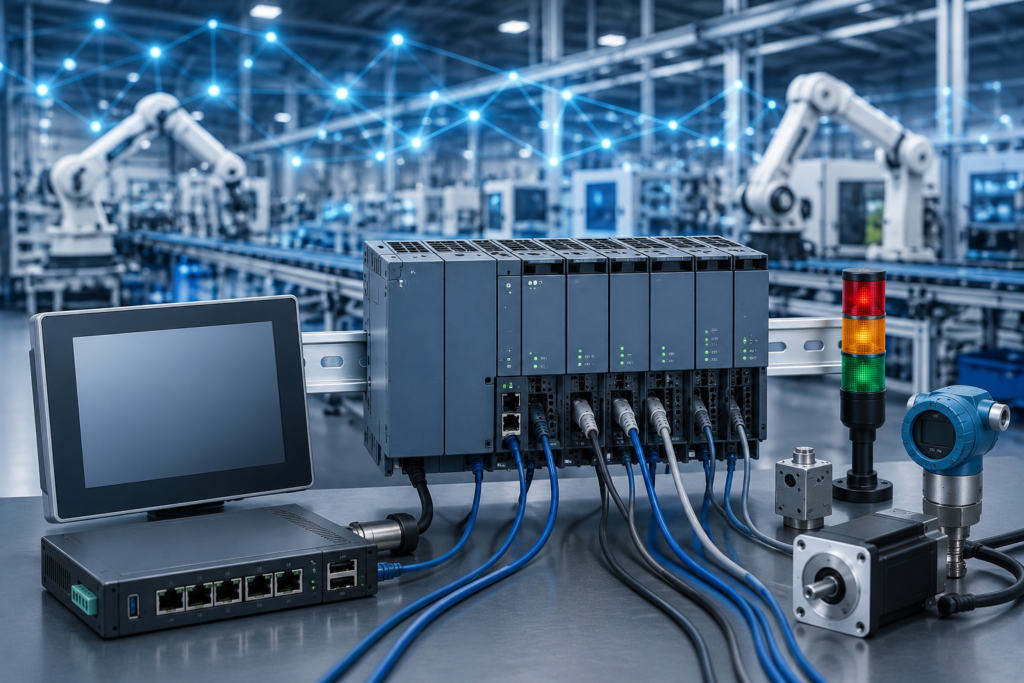 PLC Communication Protocols connecting industrial automation devices through an Ethernet network