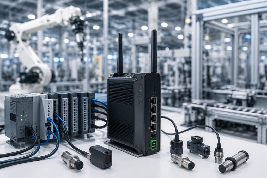 Industrial IoT Gateways connecting PLCs, sensors, industrial networks, and cloud systems