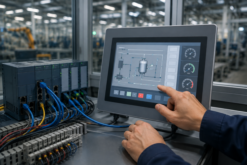 HMI Configuration showing an HMI touchscreen connected to a PLC in an industrial automation system