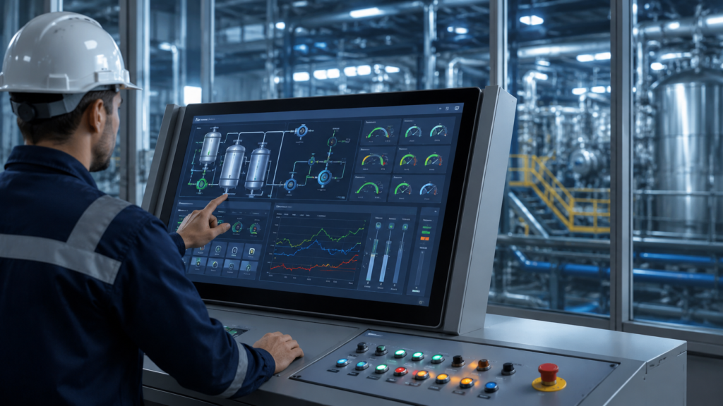 Industrial HMI Standards based on ISA-101 and IEC 62682 displayed on a modern HMI control panel in an industrial automation facility