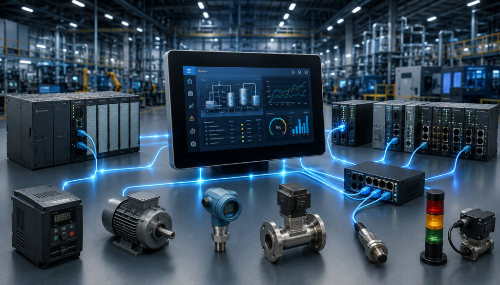 HMI Communication Protocols connecting PLCs, industrial Ethernet switch, sensors, and automation devices in a smart factory