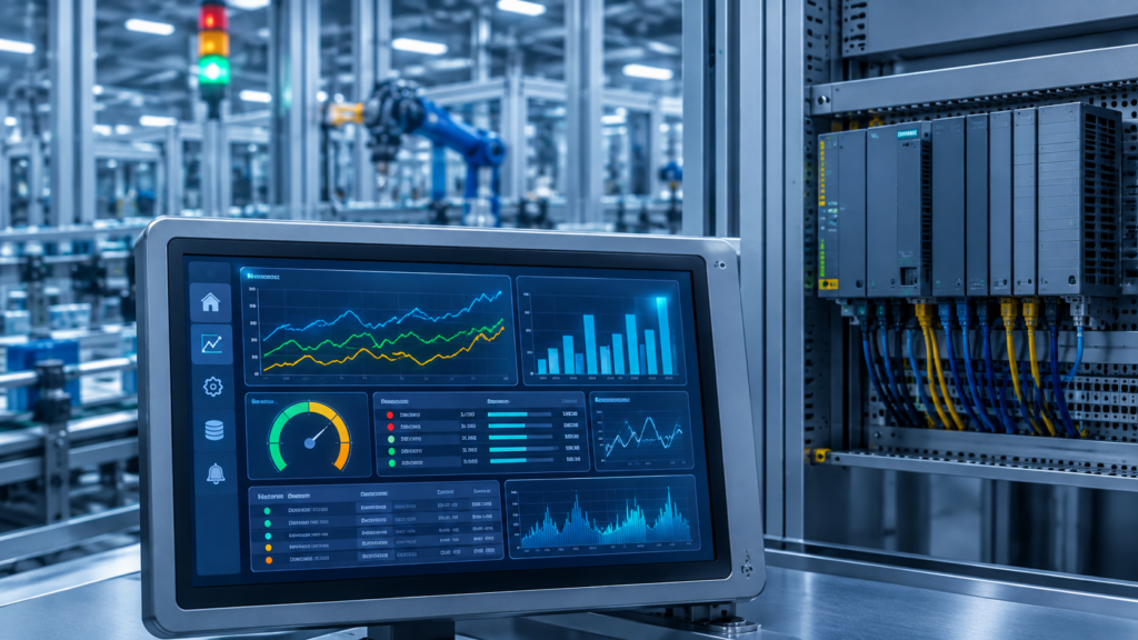 HMI Data Logging dashboard showing real-time trend graphs, historical charts, PLC control cabinet, and industrial factory automation.