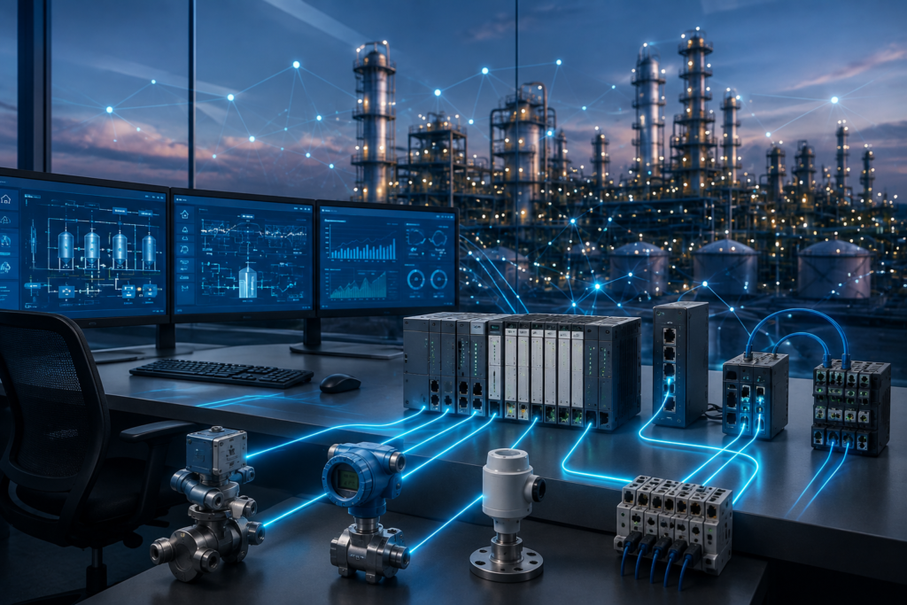 SCADA Communication Protocols connecting PLC, RTU, industrial Ethernet network, sensors, and SCADA control room for industrial automation.