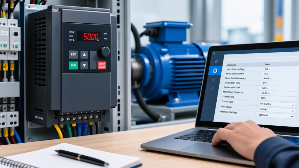 VFD parameter settings for motor setup and optimization