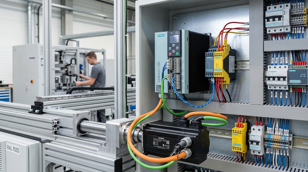 Servo motor brake control and STO safety wiring in an industrial automation system