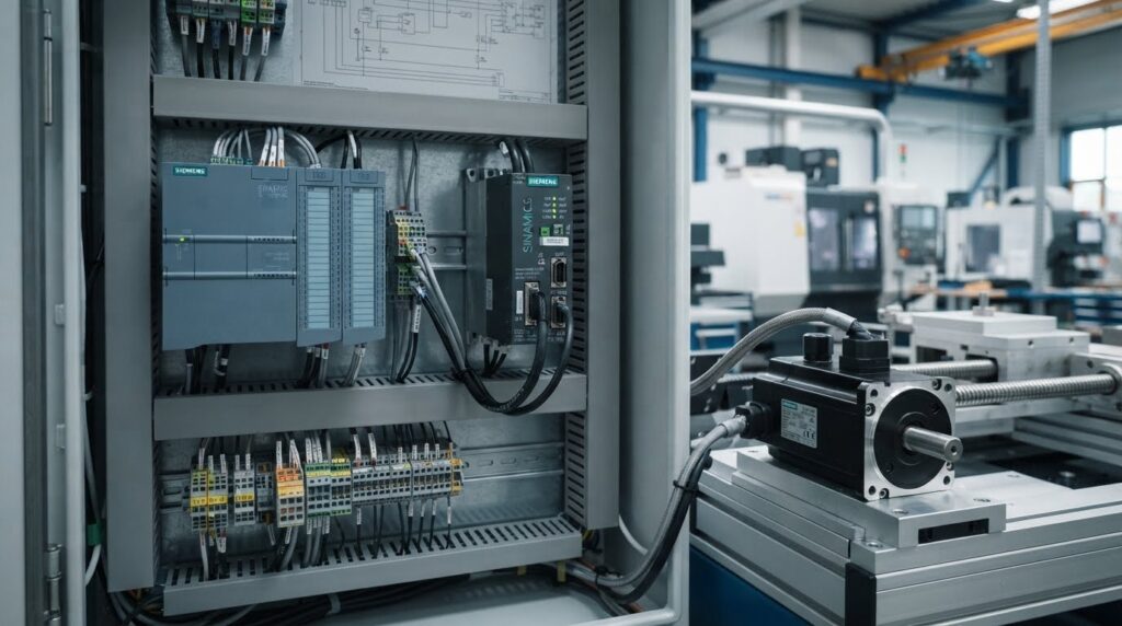 PLC and servo motor integration with servo drive and control wiring